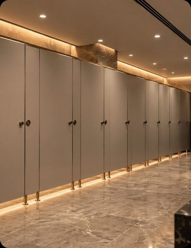 Changing rooms with marble and soft lighting