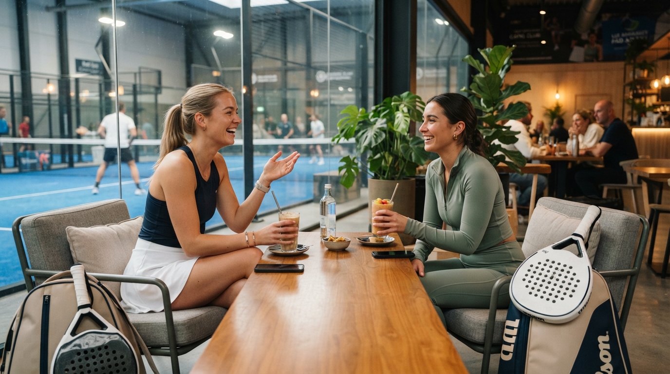 Two friends laughing over drinks at a café table beside the padel courts