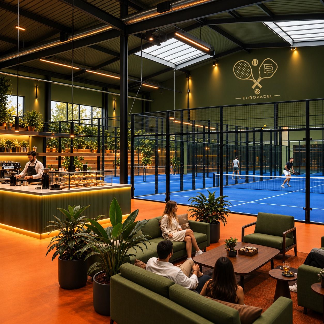 The Europadel café bar beside the blue padel courts, with the gold crest on the wall