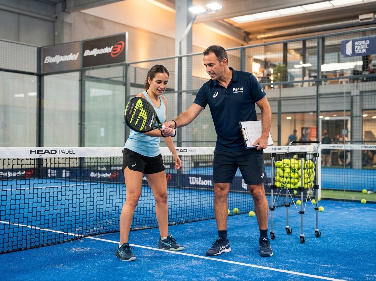 A coach guiding a player on a padel court