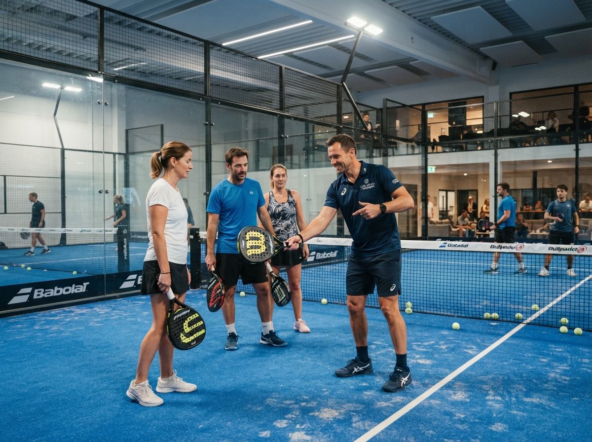 A coach working with a group of players on an indoor padel court