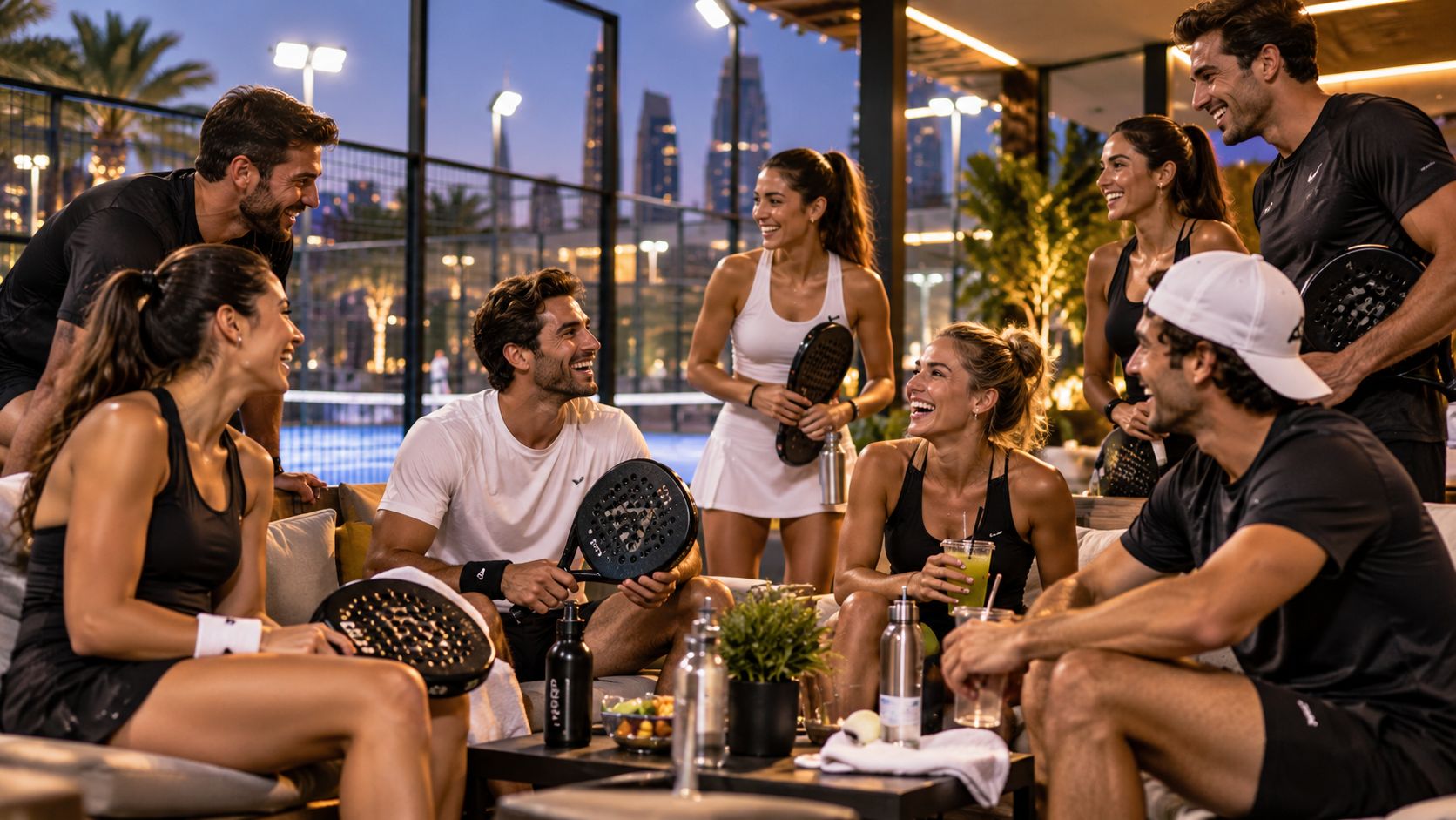 Players laughing together in the lounge after a game