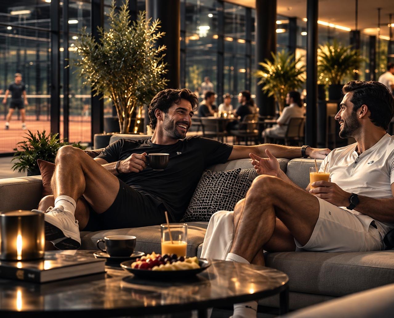 Two players relaxing with coffee in the café lounge overlooking the courts