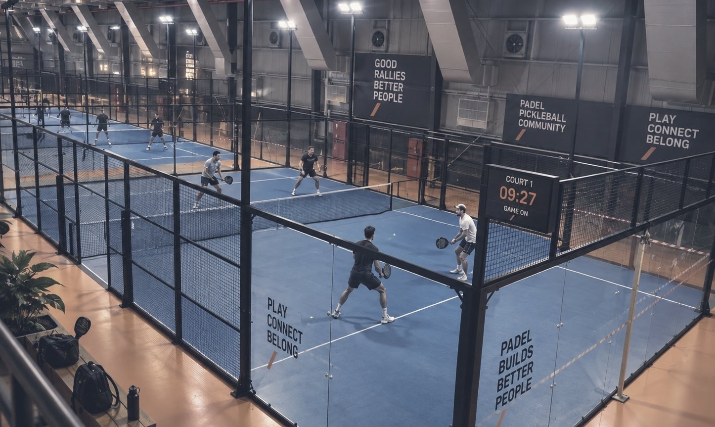 Doubles padel matches on the blue indoor courts at Europadel, seen from above