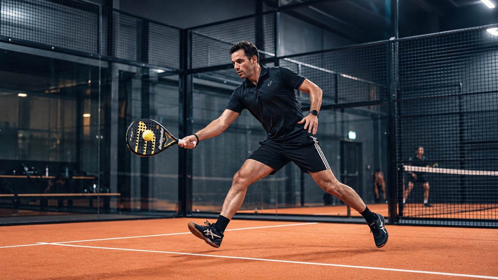 Player lunging for a forehand on an orange padel court