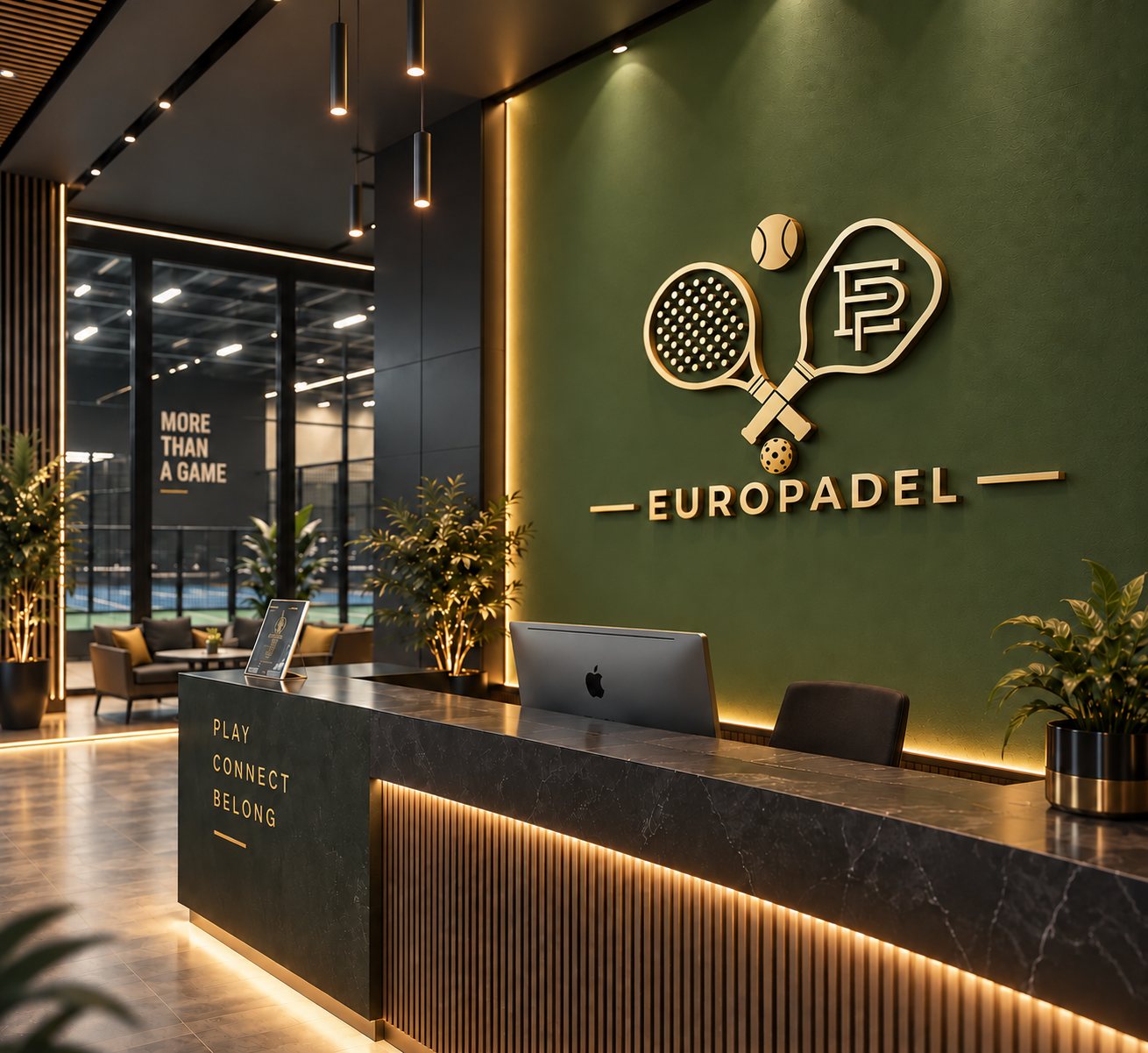 Europadel reception desk with the gold crest on an olive wall
