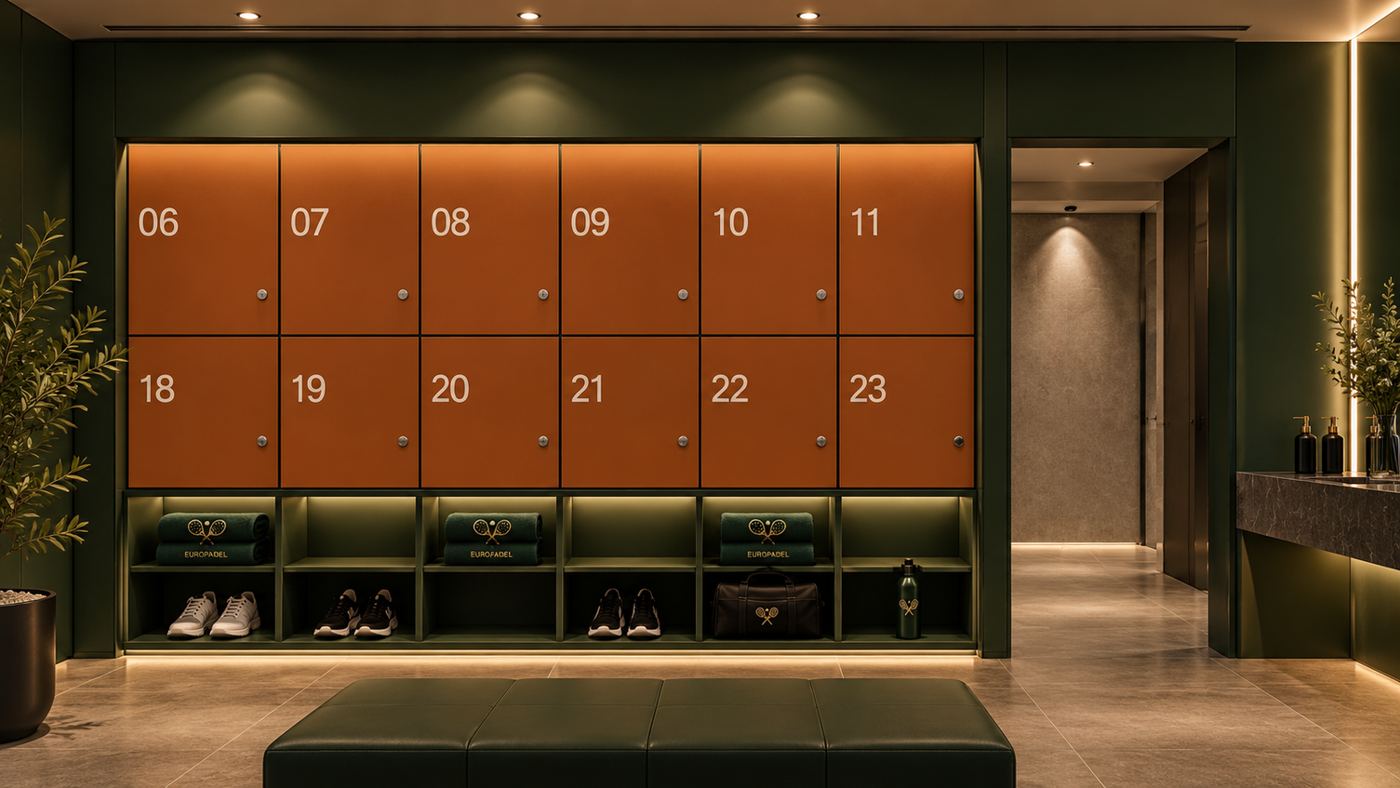 Member lockers with warm wood finishes