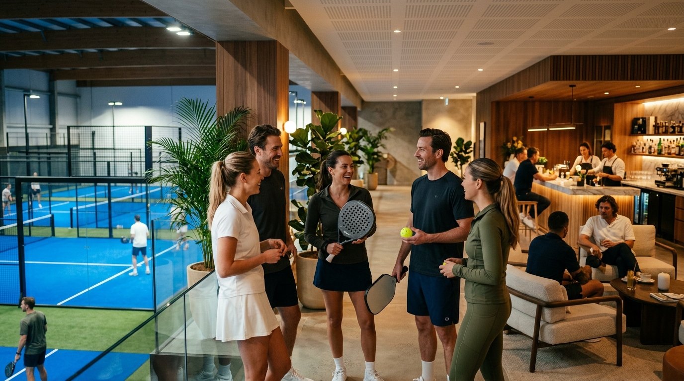 Members chatting with rackets in the lounge beside the courts