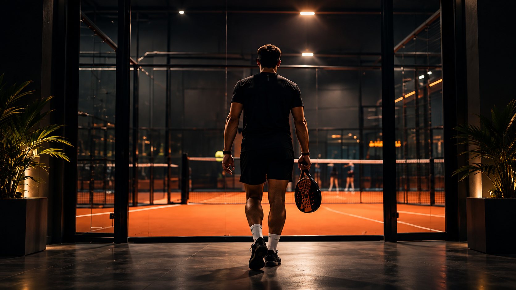 Player walking onto a padel court in the evening