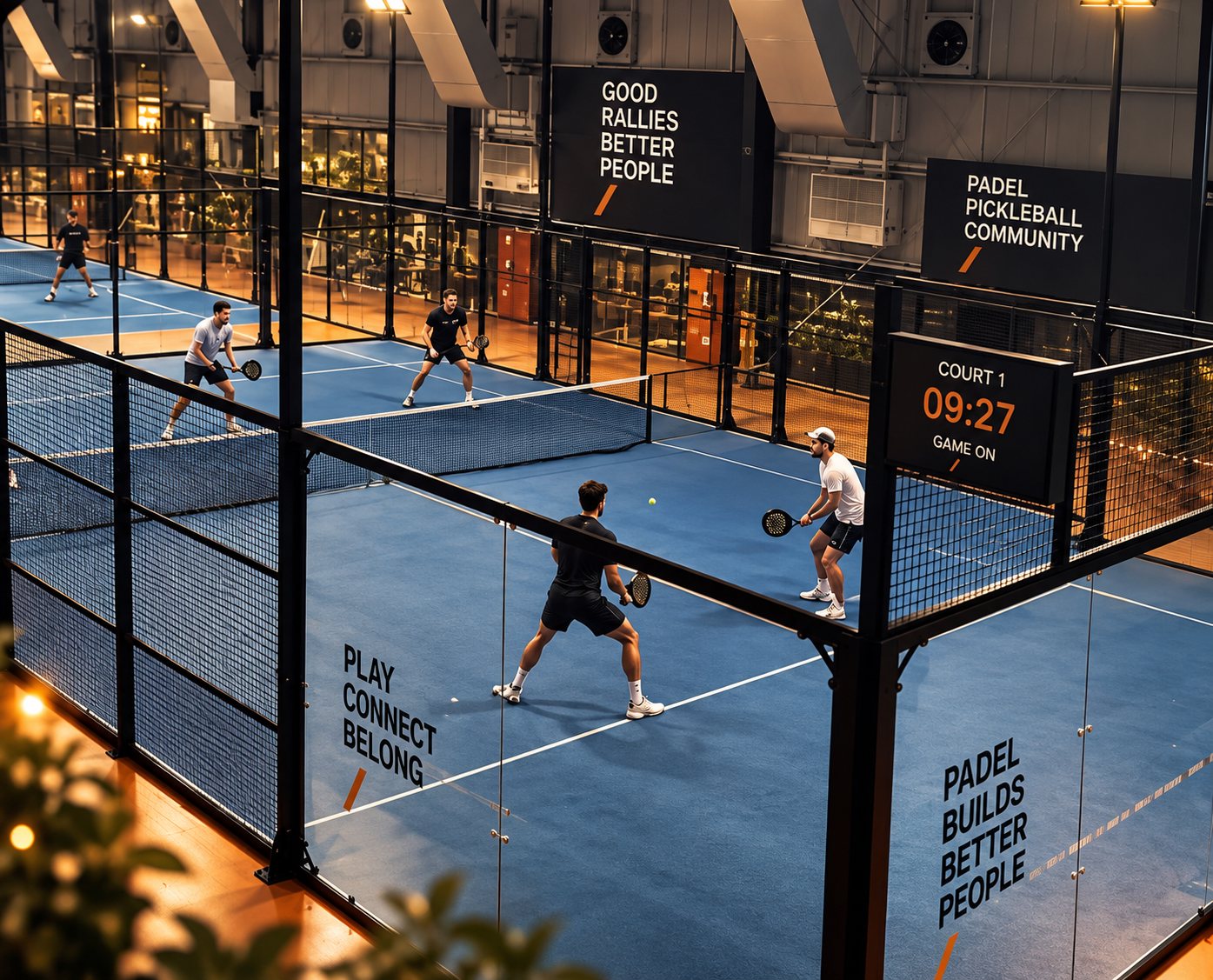 Doubles matches on the blue padel courts seen from above
