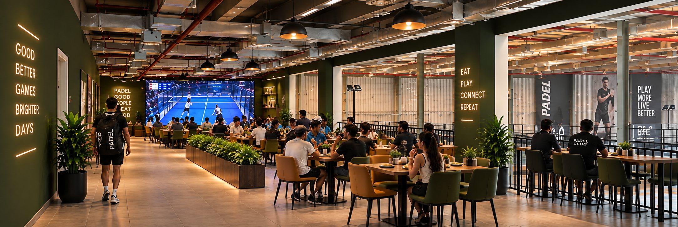 Players gathering in the café beside the courts