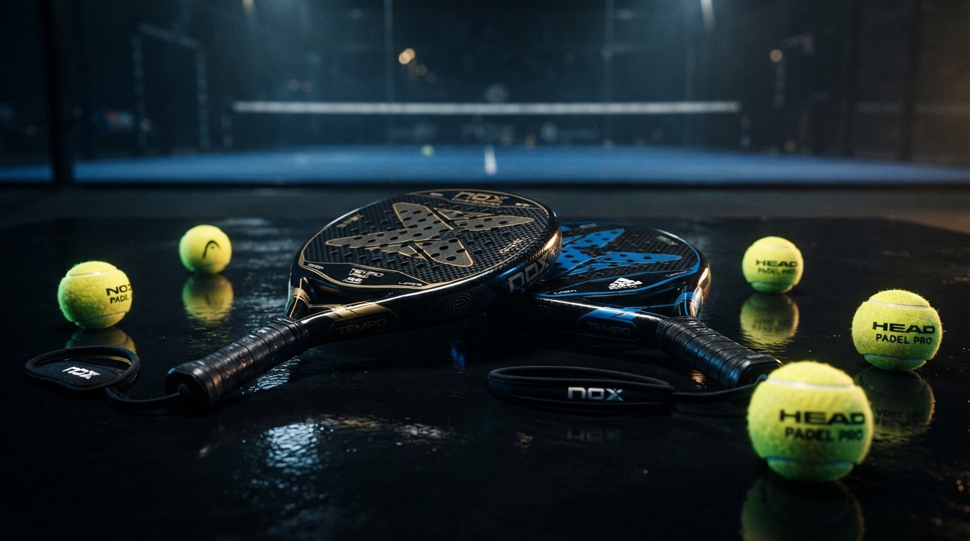 Padel rackets and balls on a dark court