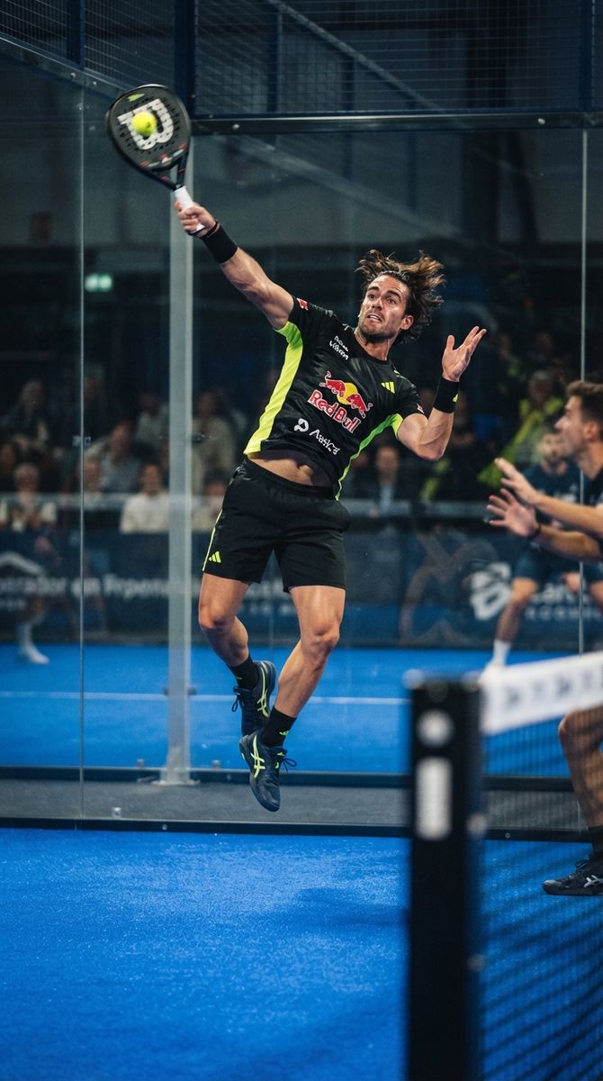 Padel player leaping for an overhead smash