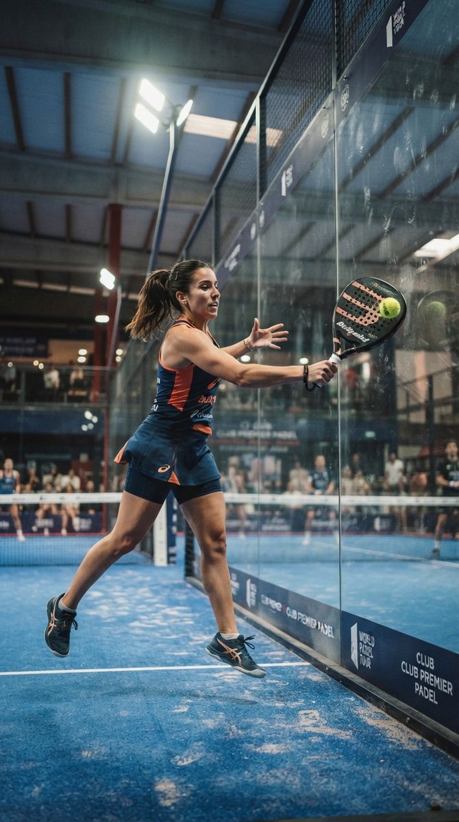 Padel player stretching for a ball off the glass