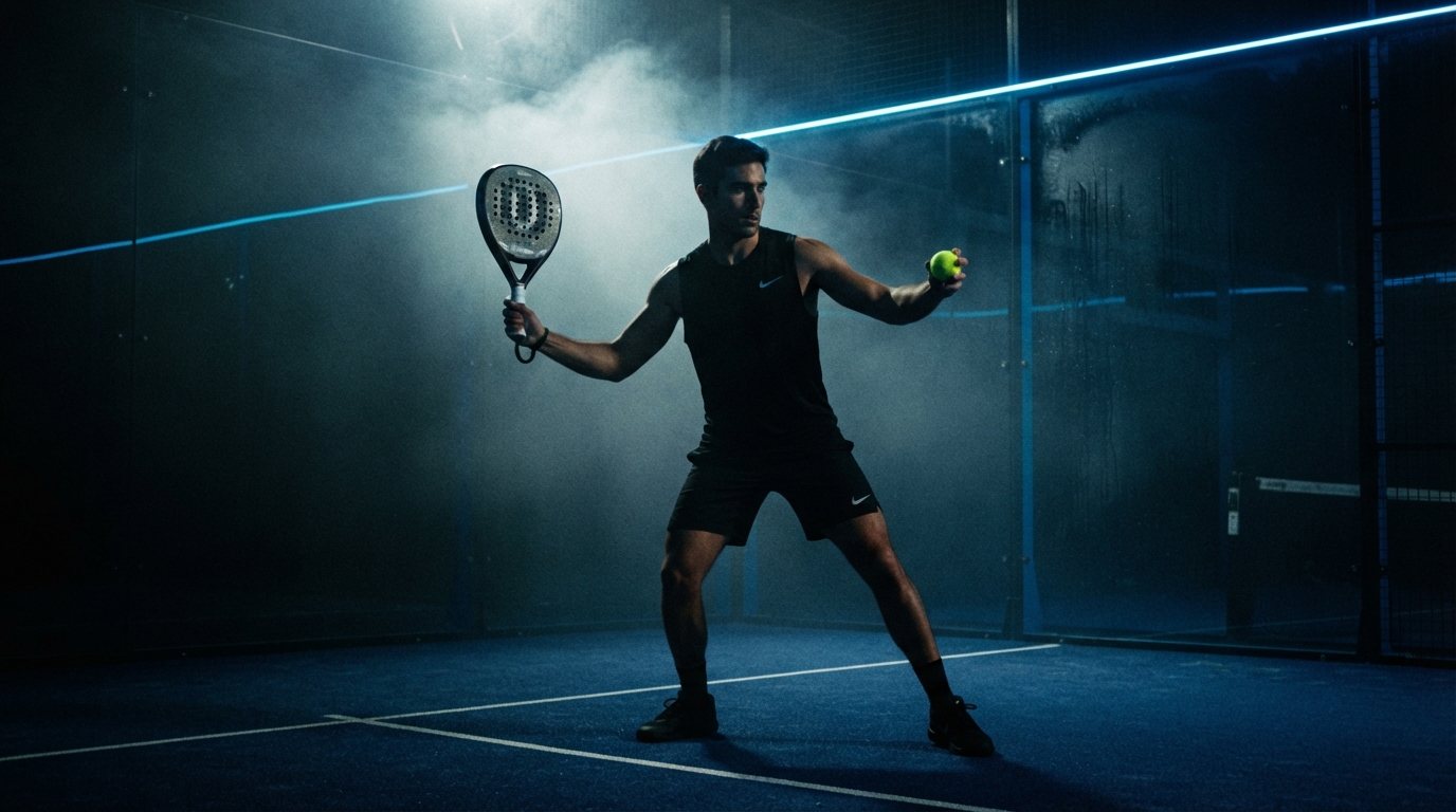 Padel player holding a racket and ball on a dark indoor court