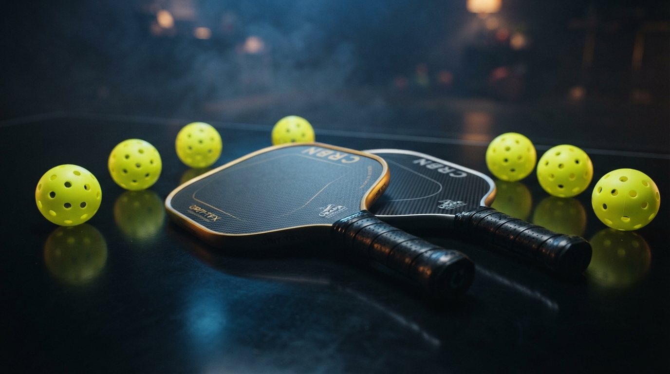 Pickleball paddles and balls on a dark court