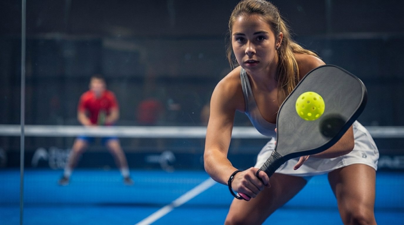 Pickleball player ready at the net with her paddle
