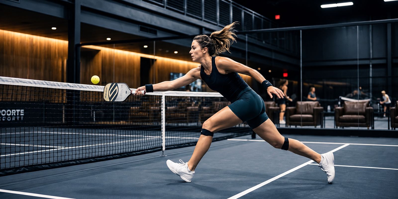 Player stretching for a pickleball volley at the net