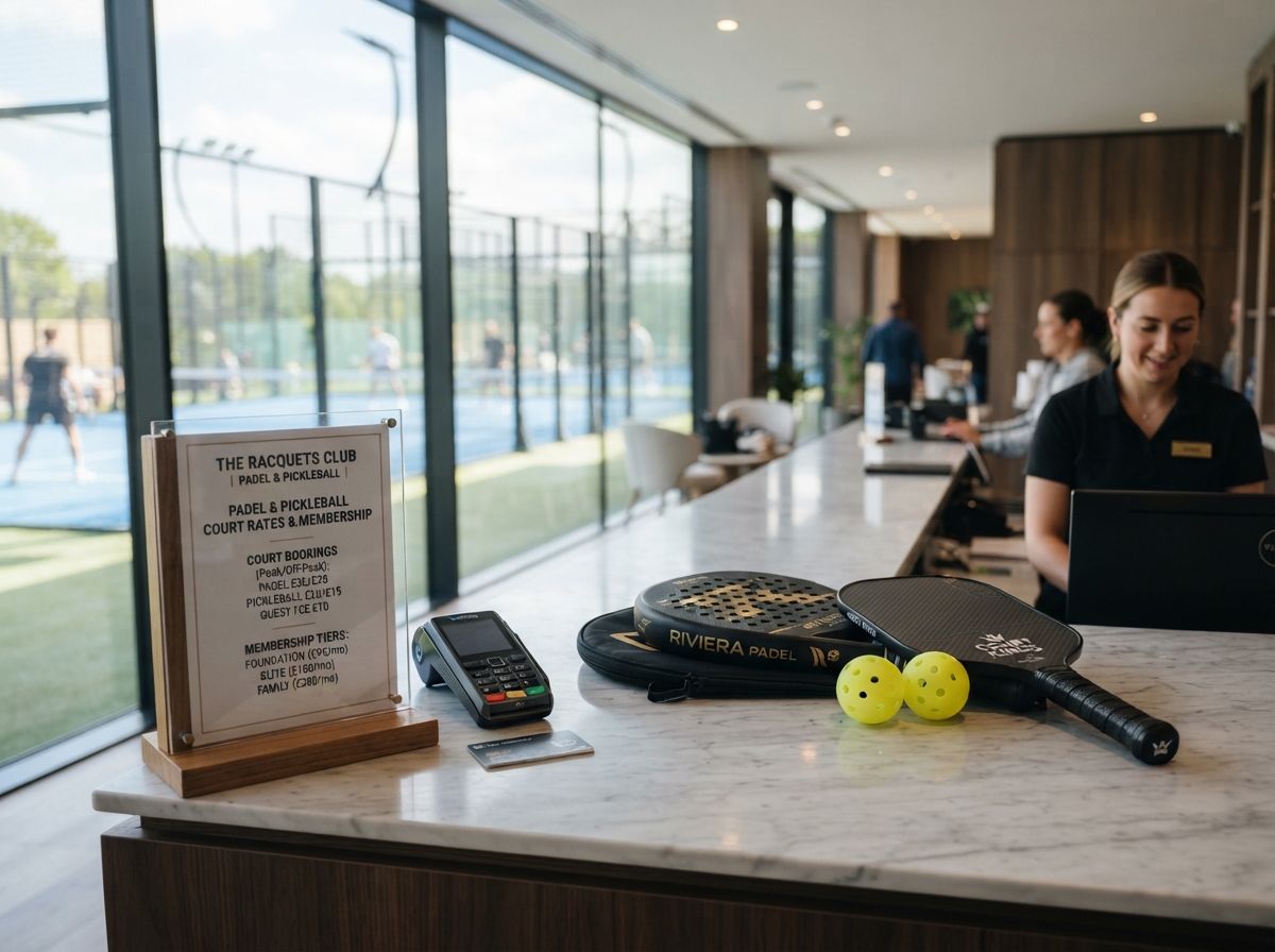 Reception desk with padel rackets and balls